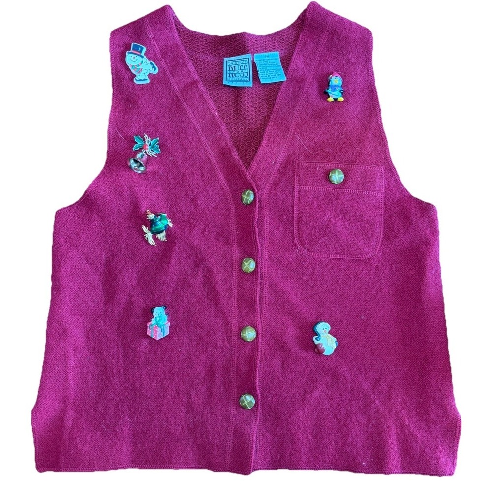 Vintage Russ Sport Wool Christmas Sweater Vest‎ PM Petite Red Holiday Ornaments